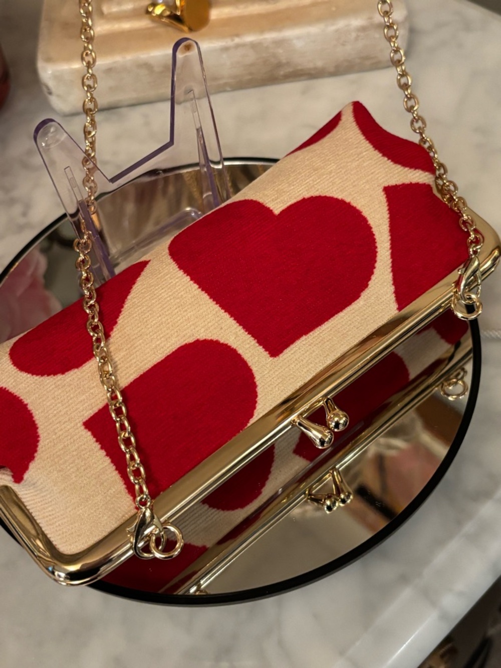 Miu Miu Cream Clutch with Red Heart Print and Gold Frame - Picture 10 of 13